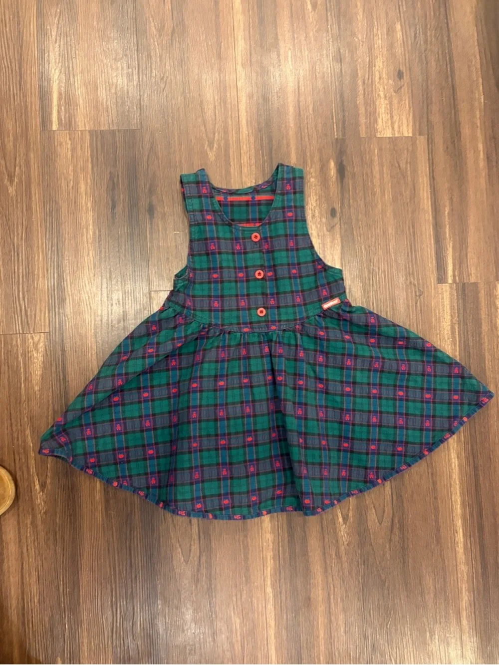 Vintage OshKosh Bgosh Green Plaid Sleeveless Girls Dress with Red Buttons - Picture 13 of 15